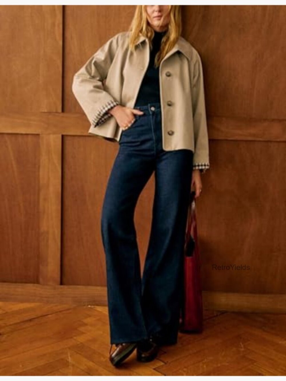 Oversize Crop Trench Coat Plaid Lining Button Down Pockets - Picture 3 of 7